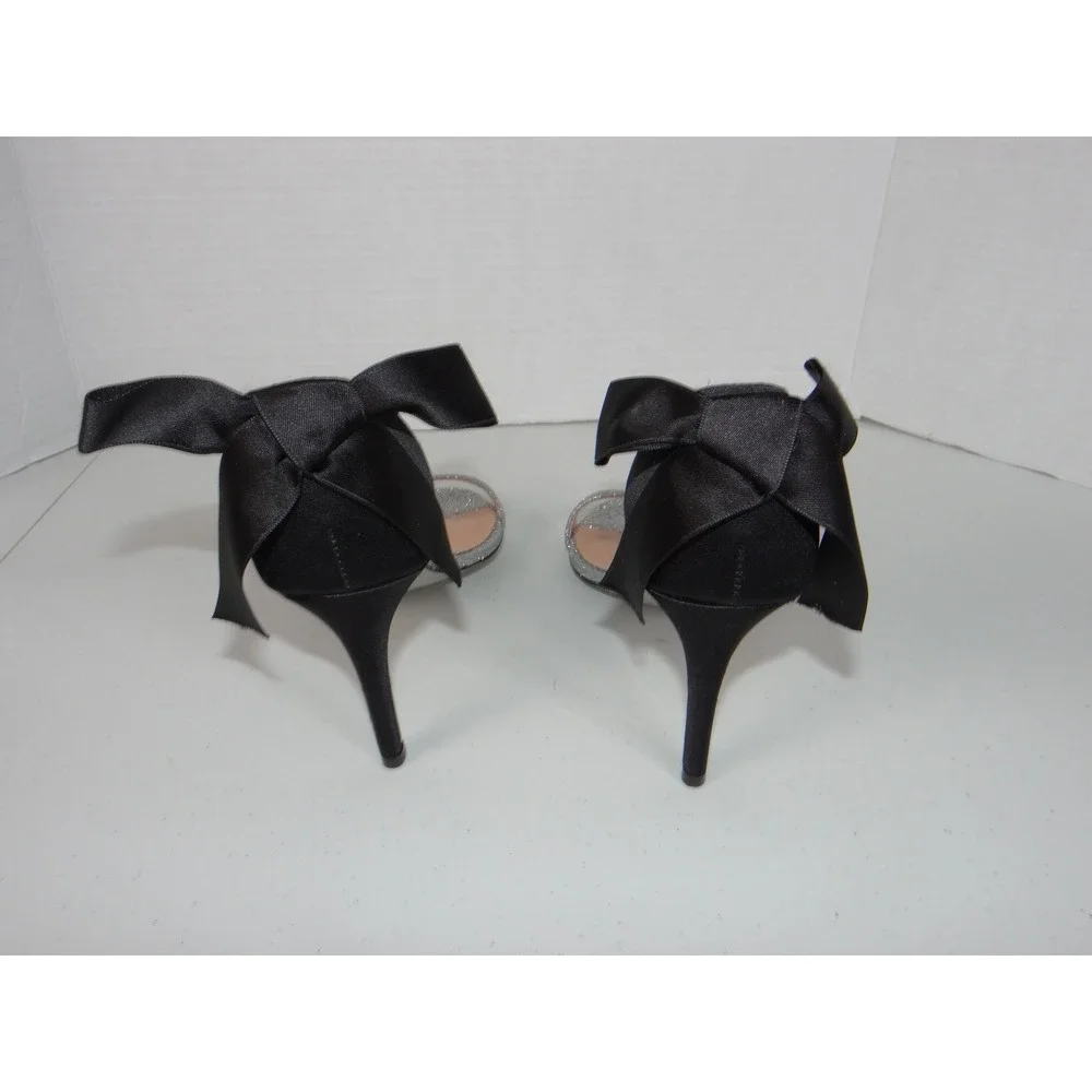 J.Crew Pita Silver Glitter Black Satin Bow Stiletto Heel Sandals K2926 Size 7.5
